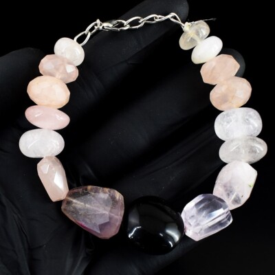 Einzigartiges Design Rosenquarz, Amethyst & Mondstein 235 kt Perlen Armband VK 26 E678