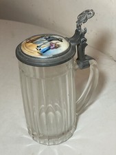 antique 1800's hand painted porcelain glass pewter German lidded beer stein mug'