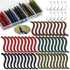Wacky Worm Fishing Lure Kit, Bass C-50pcs 3" Wacky Worms 10pcs Hooks with Box