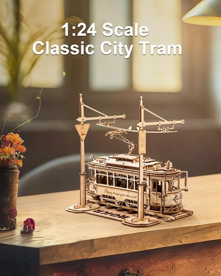 ROKR Classic City Tram Car 3D Wooden Puzzle Model Kit Kids Toys Adult Xmas Gifts - Image 4 of 4