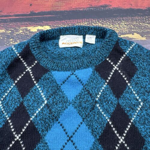 Vtg Argyle Sweater Men's XL TEAL 80s 90s Geometric Wool Acrylic Speckled Preppy - Picture 3 of 10