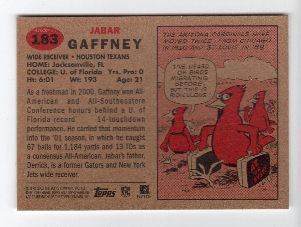 2002 Topps Heritage Football Rookie Card #183 Jabar Gaffney Houston Texans - Image 2 of 3