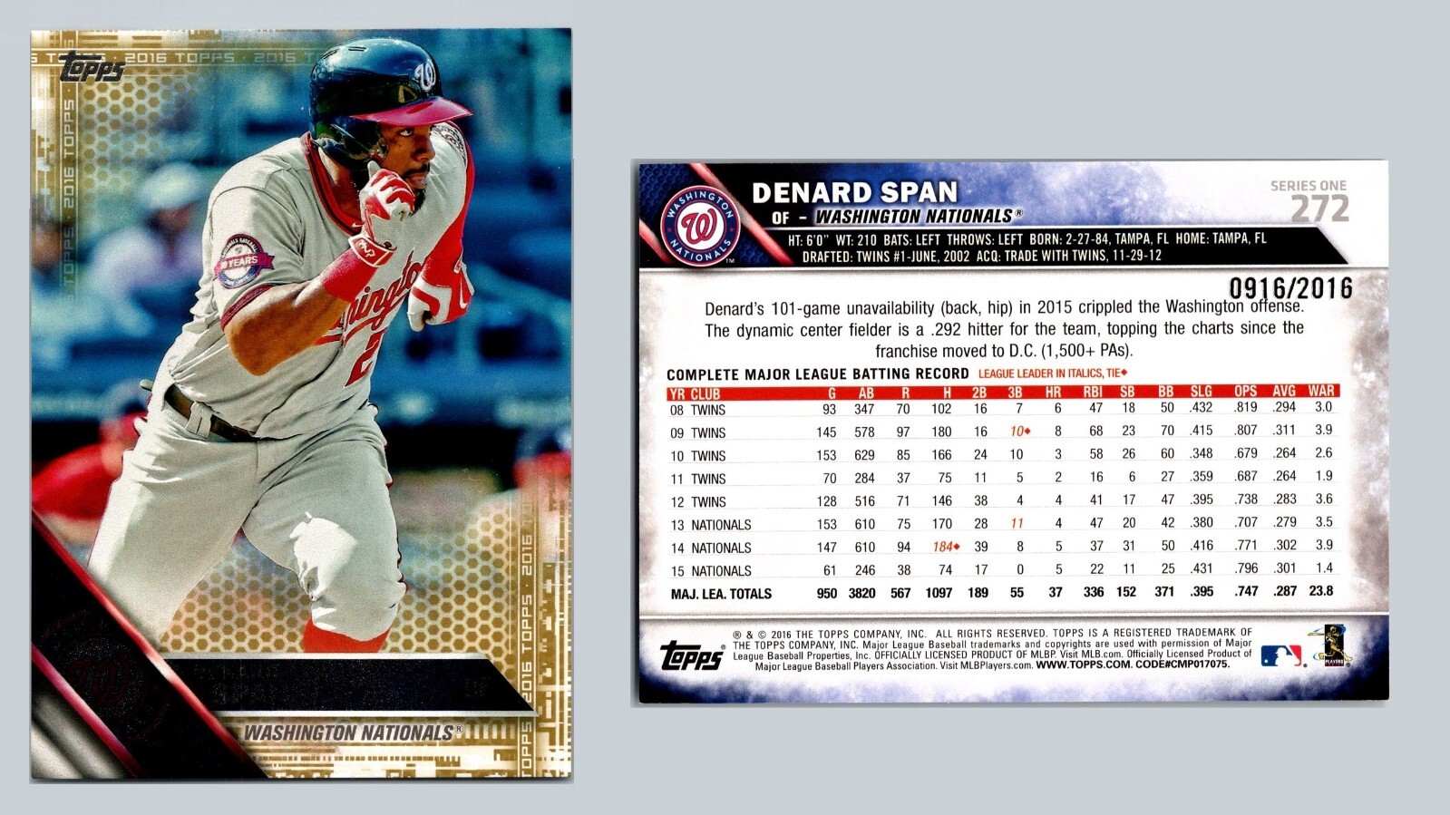 2016 Topps 272 Denard Span Gold 916/2016 Nationals OF 