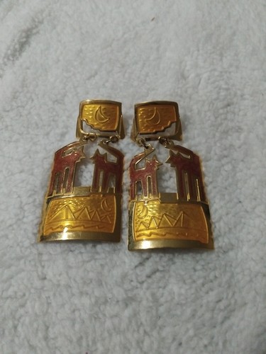 EDGAR BEREBI Huge 1980’sGold Enameled CLIPON Earrings Coyotes And Mountains
