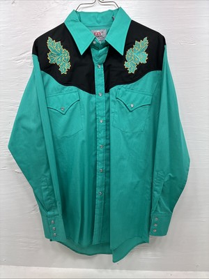 New Men s ELY Diamond Teal Black Embroidered Long Sleeve Pearl Snap Medium K-32