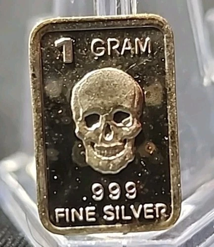 1 Gram .999 Fine Silver Art Bar Ingot. Skull 💀 . Fun Way Dip Into Investing.