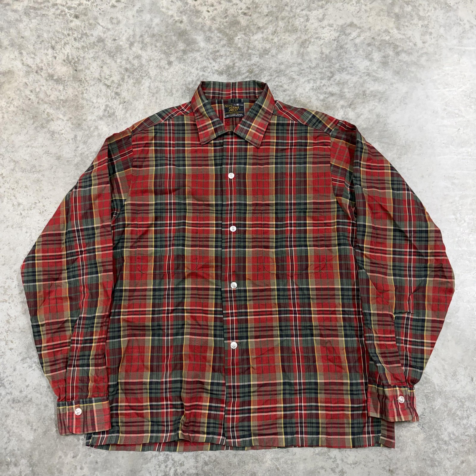 Vintage Sears Shirt Mens Medium Red Plaid Perma Prest Button Front 60s USA
