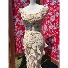 Cream Floral Ruffle Chiffon Whimsical Coquette Maxi Sun Dress Size S