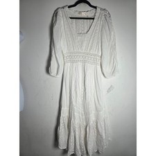 LoveShackFancy Garrison White Intricate Eyelet Crochet Puff Sleeve Midi Dress 6