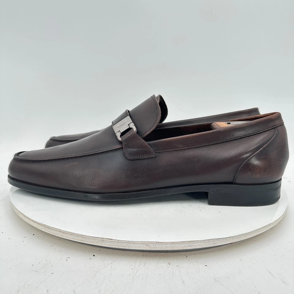 Salvatore Ferragamo Men Sz 10 2E Brown Leather Buckle Pull On Loafer Dress Shoes - Image 2 of 4