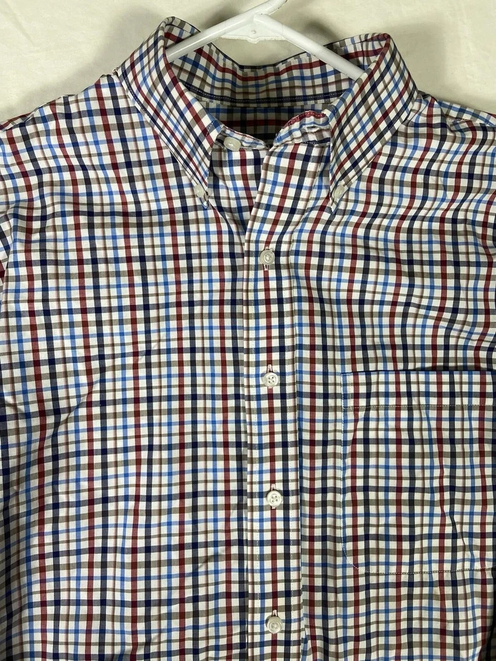 Jos A Bank 旅行者纽扣衬衫男式 M 格子红色白色蓝色长袖 — 第 2/4 张图片