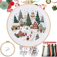 Christmas Crewel Embroidery Kit Snow Village Owl Winter Scene 8Inch Hoop Set DIY