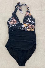 One Piece Swimsuit Womens M Black Floral Halter Tummy Control Stretch Padded