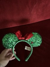 Disney Parks Green Sequin Mickey Minnie Mouse Ears Christmas Holiday Holly Rare