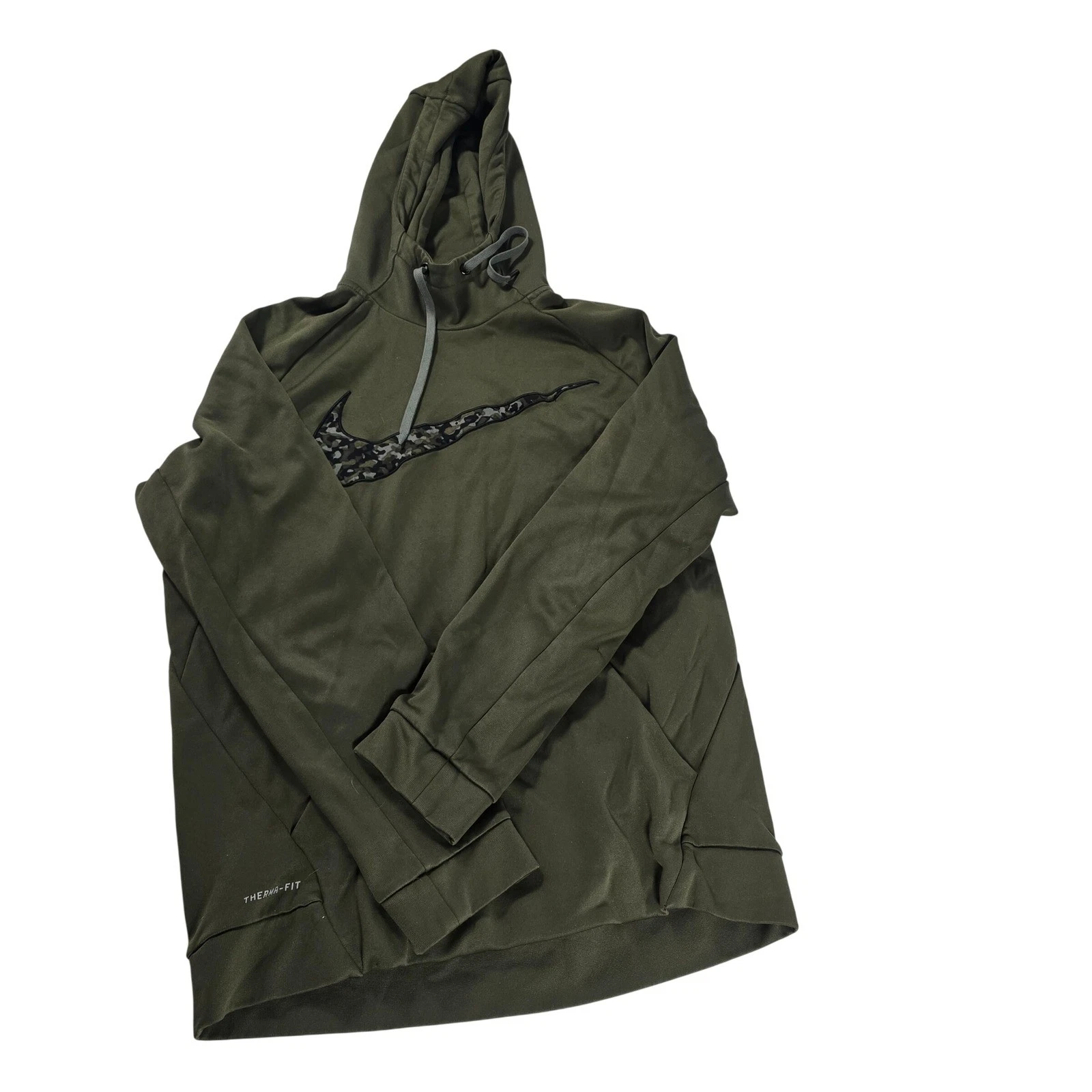 Nike Therma-FIT Olive Green Camo Swoosh Hoodie Mens Large Pullover Fleece