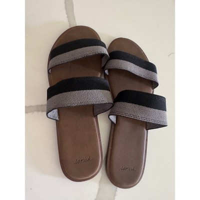 Sanuk Yoga Mat Striped Two Strap Slide Sandals Black Grey Womens 10
