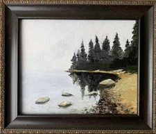 Framed Original Oil Landscape Painting Maine Atmospheric Seascape Signed 11x13"