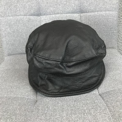 Leather Hat Peaked Cap One Size Black Mens Lined Made USA Adjustable Winter