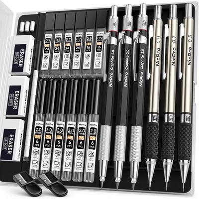 Nicpro 6PCS Art Mechanical Pencil Set, 3PCS Metal 1 count (Pack of 1), Silver 