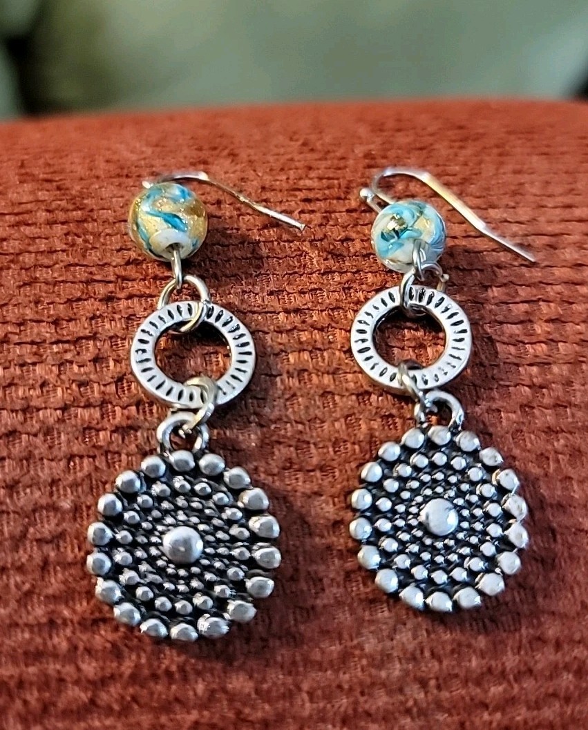 Triple Dangle Drop Earrings Multicolor Swirl Ball… - image 1