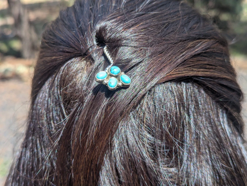 Navajo Hair Accessory | Kingman Turquoise | Sterling Silver Twisted Rope Pin Bun - Image 2 of 4