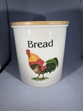 Vintage Cloverleaf Ceramic Bread Crock Bin Chicken Design Wooden Lid 25.5cm Tall