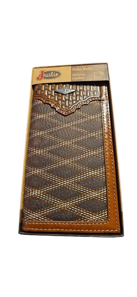 Justin Rodeo Wallet Genuine Leather Geometric Pattern Brown Aztec Long Wallet - Image 3 of 4