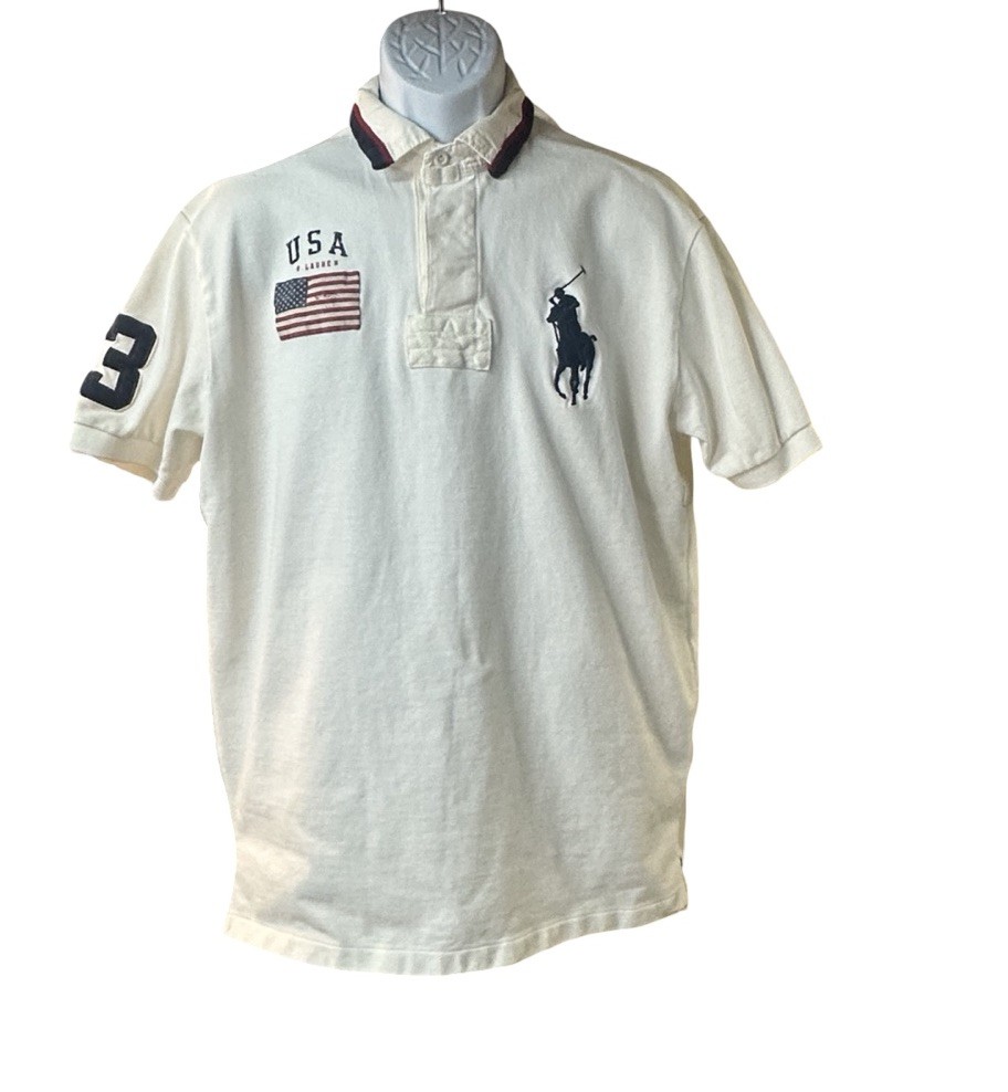 polo ralph lauren ポロシャツ ビックポニー USA国旗ホワイト Polo Ralph Lauren Shirt Men's Size Large White USA Big Pony Flag