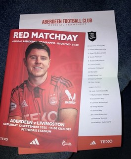 Aberdeen v Livingston Match Programme Teamsheet 13 Sept. 2025 VG