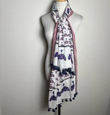 Loft Sheer Cotton Long Scarf Tassel Boho Indie Cottage Ivory Blue Pink 28X72