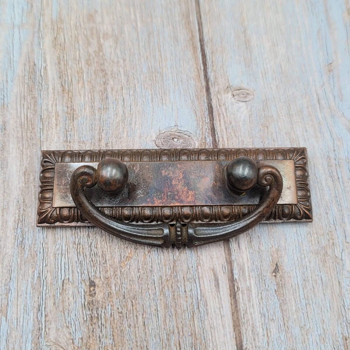 Vintage Cast Iron Drawer Bail Pull Rectangle Embossed No Screws