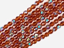 Czech Fire Polished Round Faceted Beads in Medium Topaz AB coated, 16" str Brown
