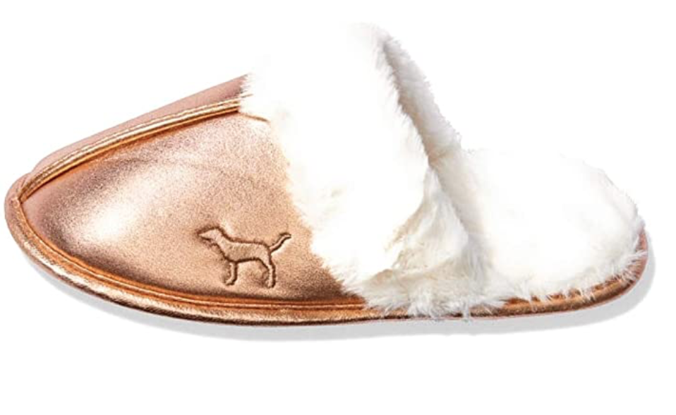PANTOFOLA D’ORO PANTOFOLE METALLICHE FODERATE VICTORIA'S SECRET ORO ROSA FINTA PELLICCIA SINTETICA PICCOLE NUOVE