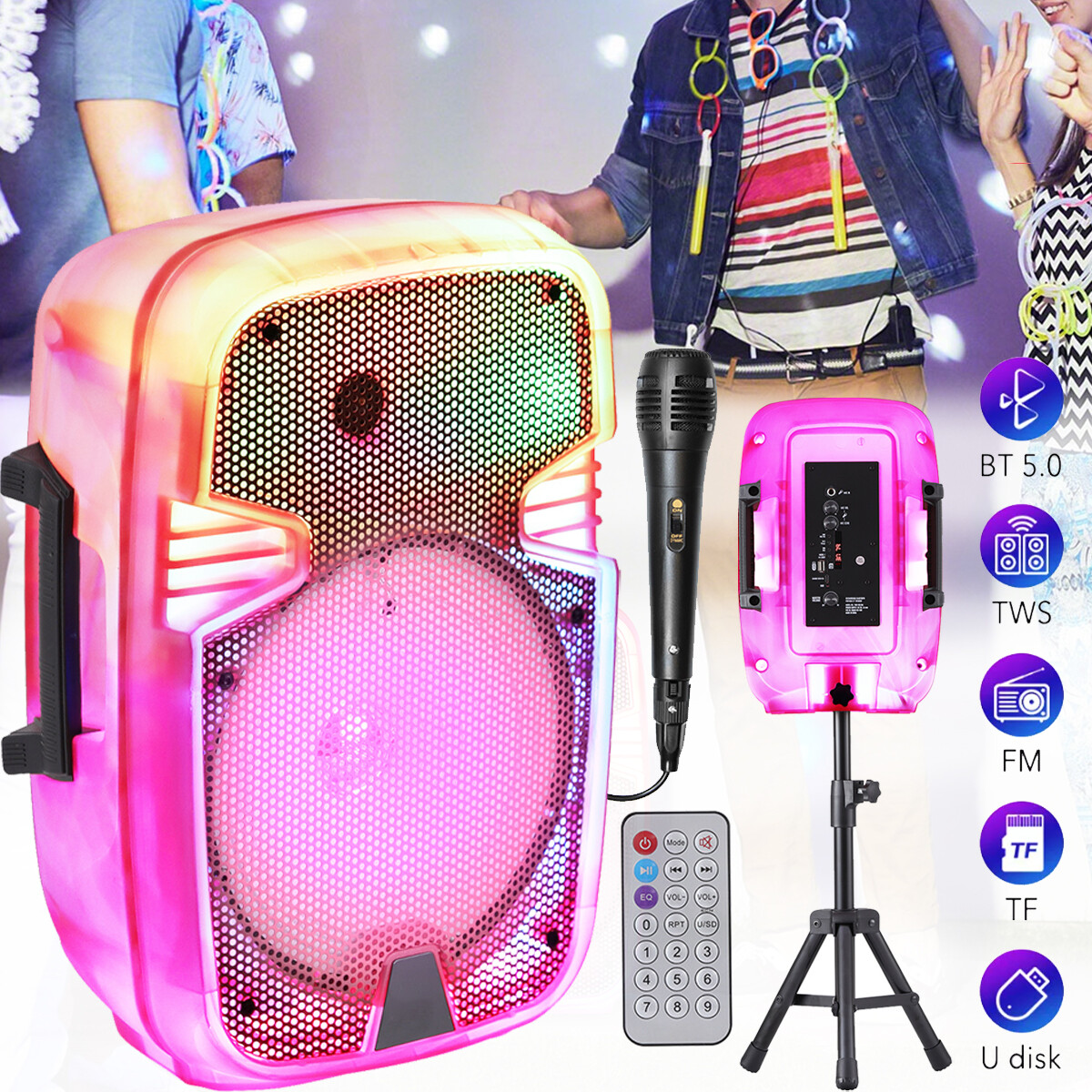 Portable Bluetooth Speaker 8” Subwoofer Heavy Bass Party DJ LED FM Mic w/ Stand