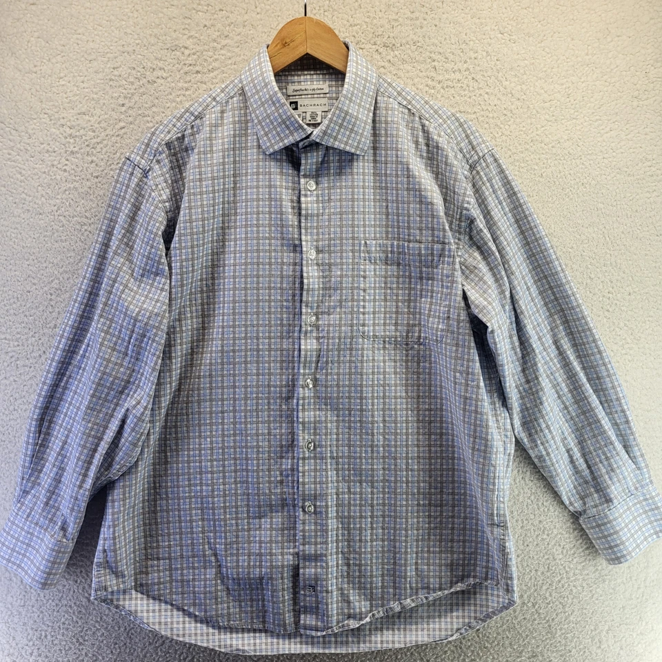 Рубашка мужская Bachrach на пуговицах 16,5 32/33 синяя клетчатая 80-е 2-слойная хлопок размер XL с длинным рукавом - Изображение 2 из 4