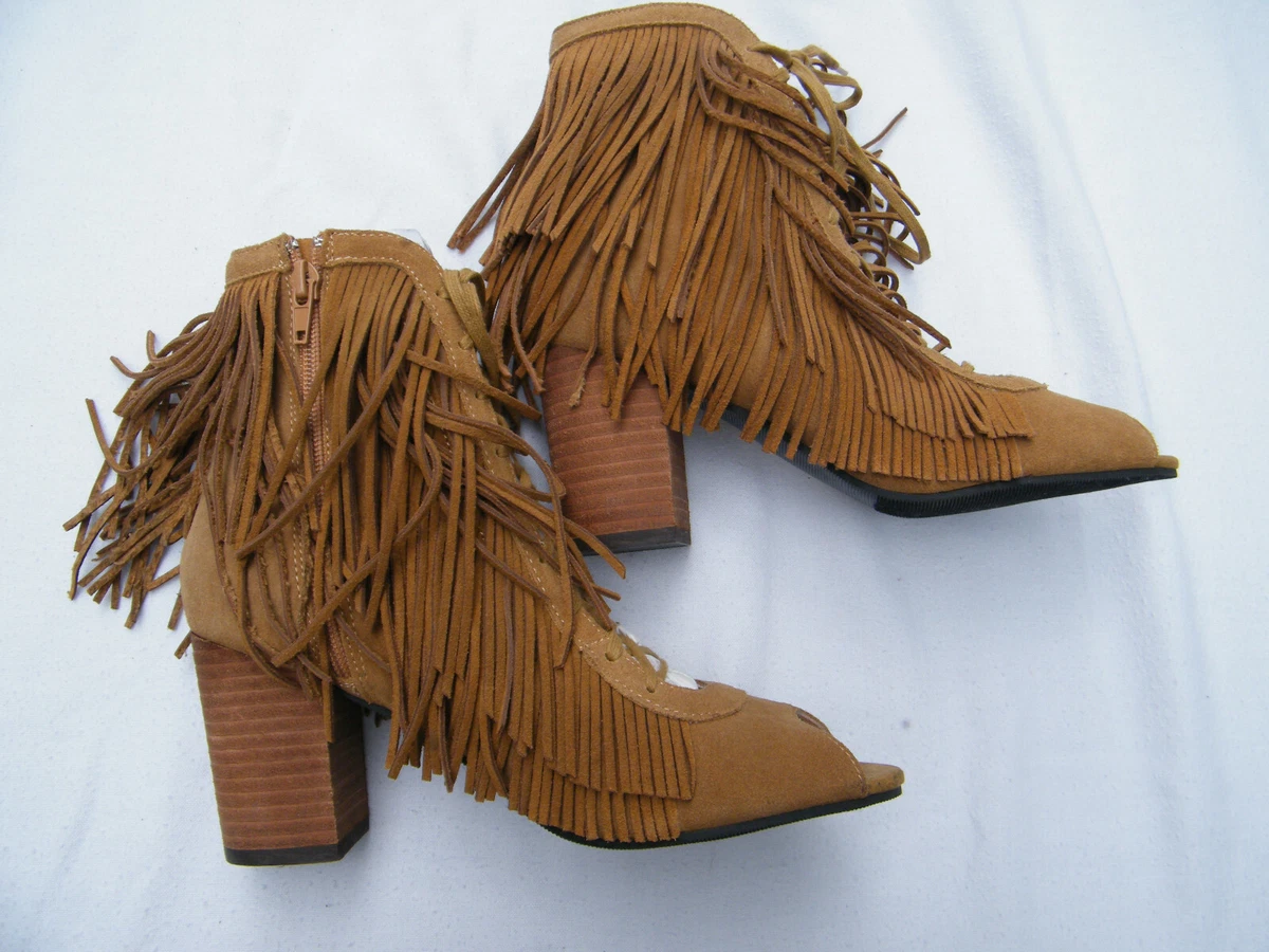 Joyfolie Women s Brown Suede Kianna Open Toe Boots with Fringe 3