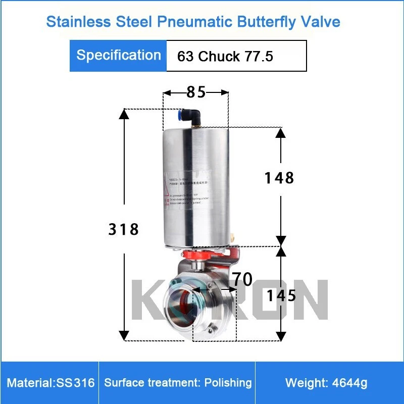 2-1/2'' Sanitary Pneumatic Butterfly Valve SS316L Clamp OD 77.5mm Single Acting - Image 2 of 4