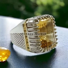 Citrine Emerald Cut Gemstone With 925 Sterling Silver Ring For Men's #457 *