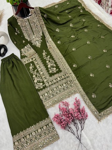 NEW BOLLYWOOD STYLE PURE CHINNON SILK SALWAR KAMEEZ WITH DUPATTA FOR PARTY WEAR - Picture 7 of 10