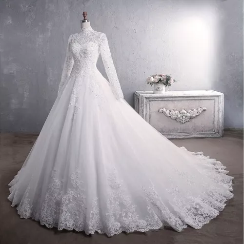 Bride Lace Wedding Dress Standing Collar Long Sleeve Trailing Bridal Frock Gown - Picture 2 of 9