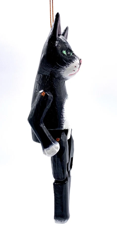 Adorno marioneta gato negro tallado y pintado a mano madera recuperada Foto 2 de 4