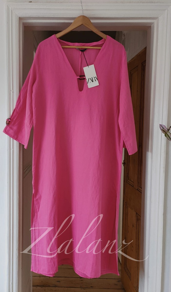 Zara SS22 Long Flowing Linen Blend Tunic Dress Fuchsia Pink