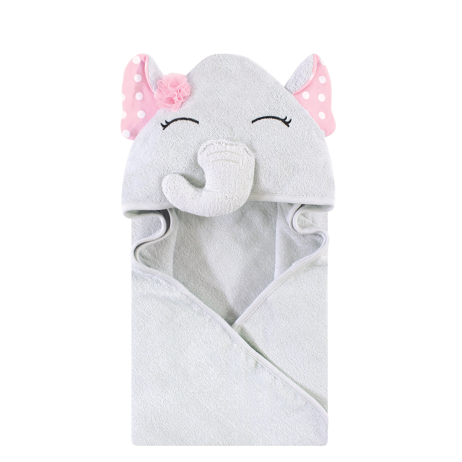 Hudson Baby Cotton Rich Animal Face Hooded Towel, White Dots Pretty Elephant
