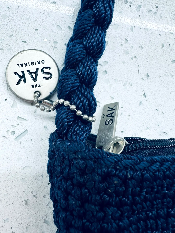 The Sak Navy Crochet Bag Boho Hobo Satchel Short Braided Handle Silver Accents - Image 4 of 4
