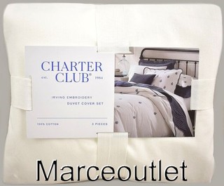 Charter Club Irving Embroidery FULL / QUEEN Duvet Cover & Shams Set White / Blue