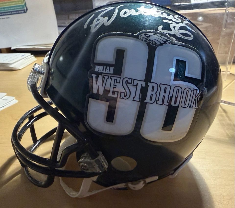 Minicasco autografiado por Brian Westbrook # 36 Eagles ¡con certificado de autenticidad! 🔥🏈 Foto 2 de 4