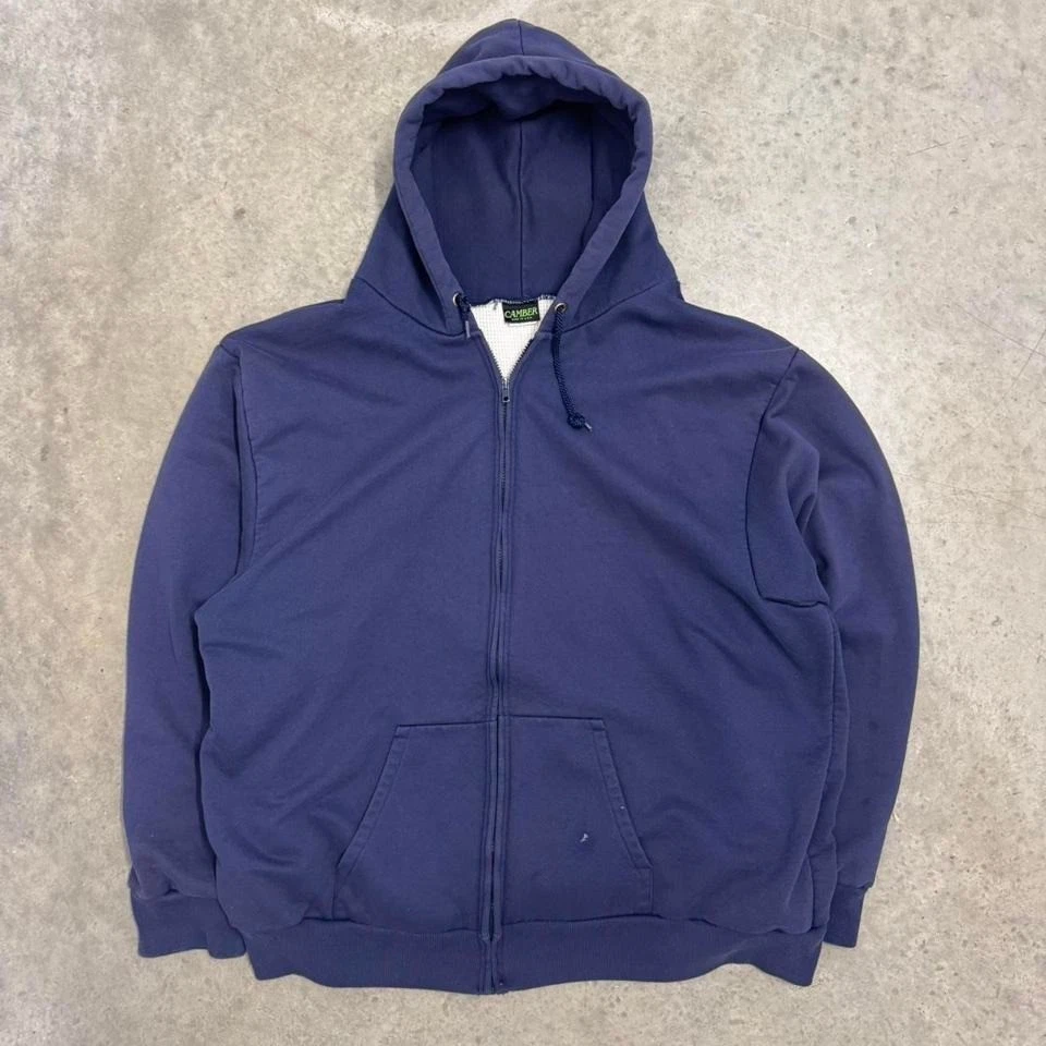 Vintage 90s Camber Hoodie Thermal Lined Full Zip Waffle Faded Blue Mens XXL