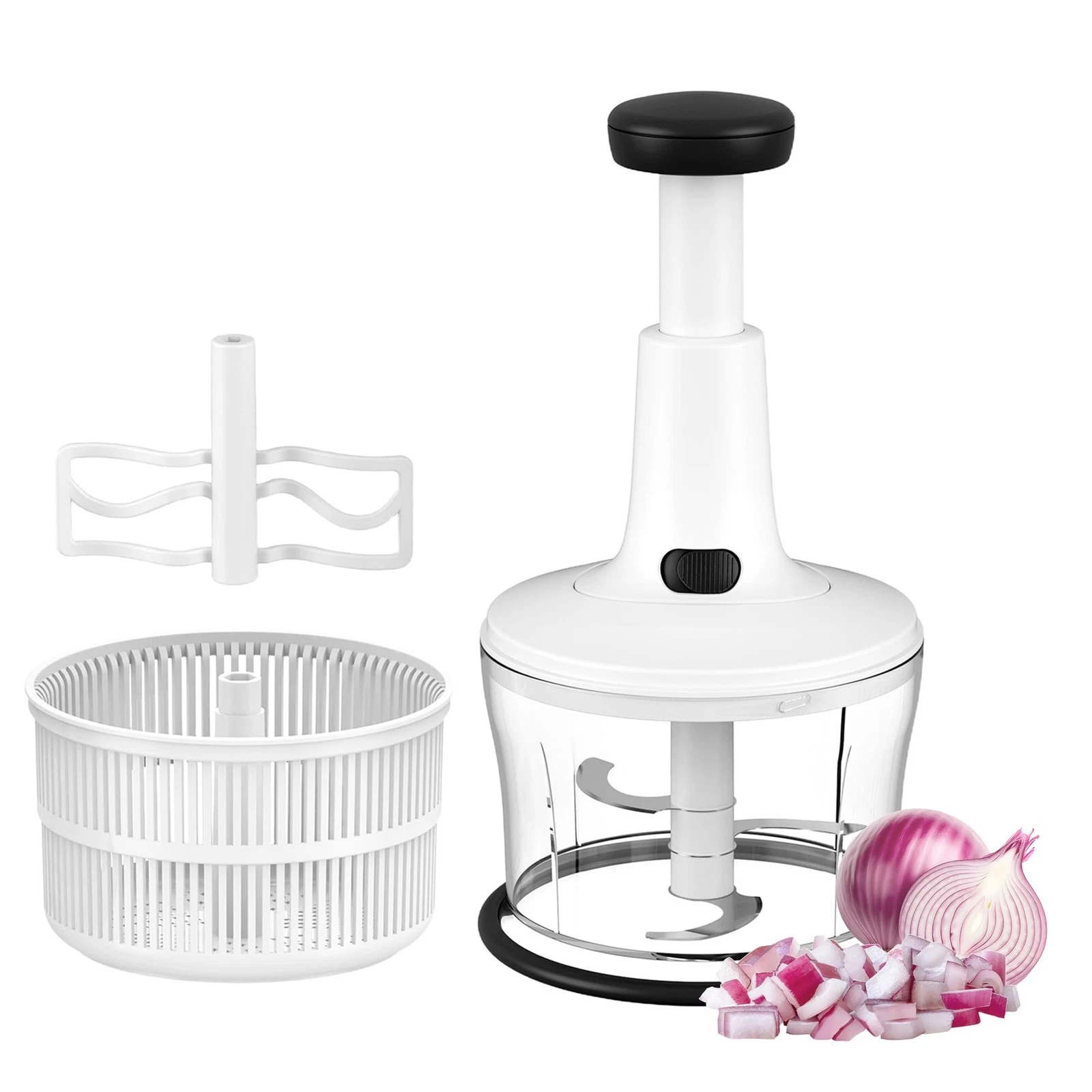 Manual Hand Push Food Chopper, Vegetable Dicer Mincer with Container, Egg Whi...