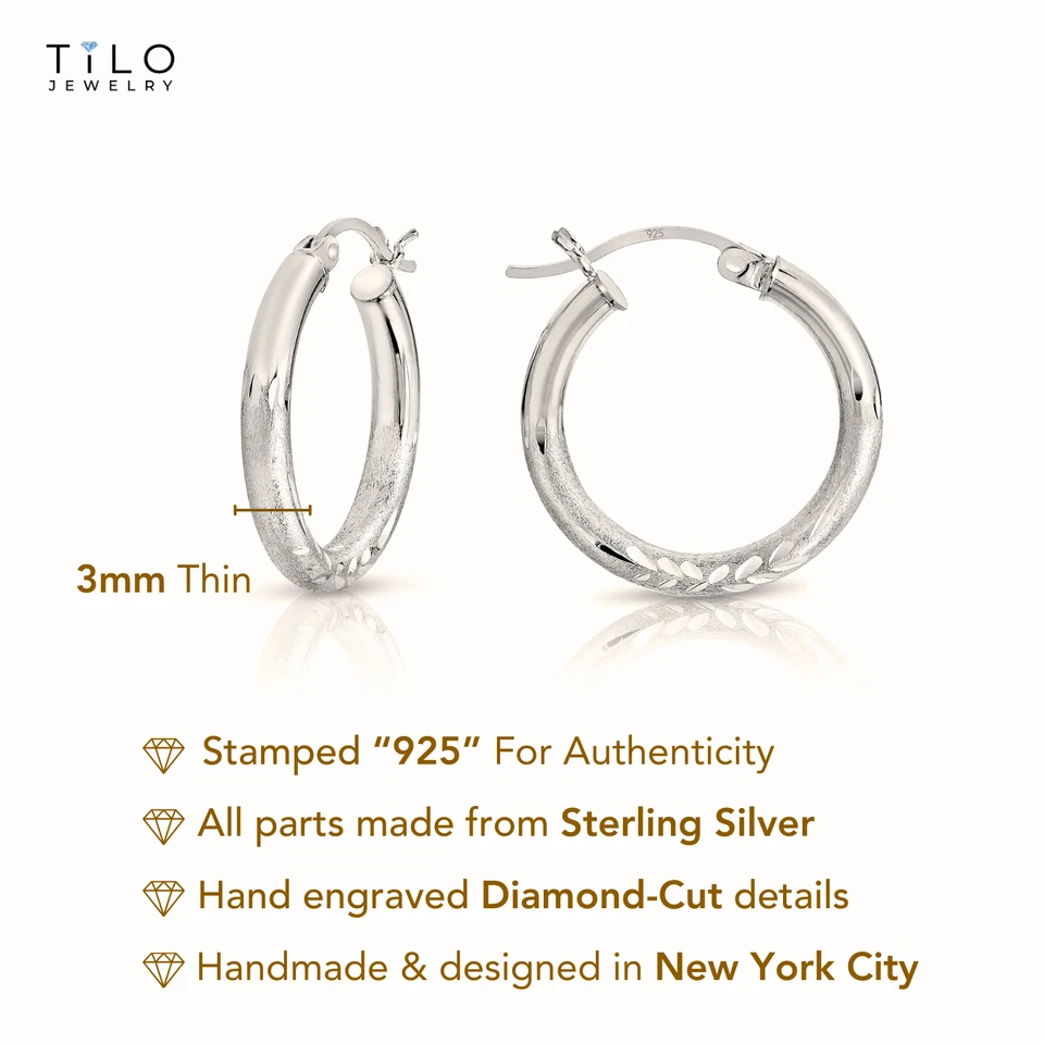 Pendientes de aro criollos redondos gruesos de plata de ley 925 maciza con corte de diamante de todos los tamaños Foto 2 de 4