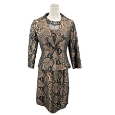 Rickie Freeman Teri Jon Brown Snake Jeweled Button 3/4 Sleeve Dress Suit Size 6